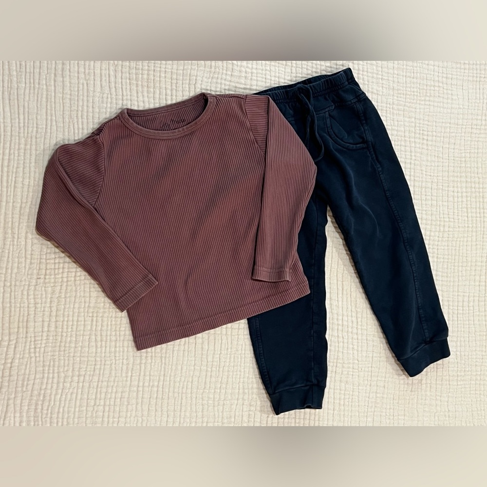 City Mouse Pink Ribbed Tee and Navy Sweat Set Organic Cotton Size 3T